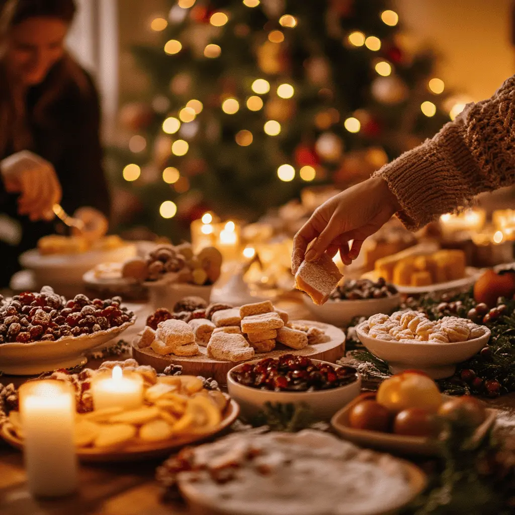 A family gathered around a table enjoying the 13 Desserts of Christmas, with candles and festive decorations creating a warm holiday atmosphere.