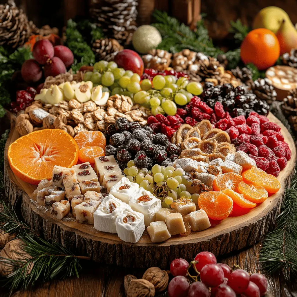 A festive spread of the traditional 13 Desserts of Christmas, including dried fruits, fresh fruits, nougat, and a pompe à huile, arranged on a rustic wooden platter.