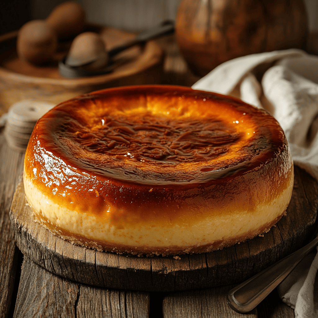 Freshly baked San Sebastian cheesecake with a cracked top