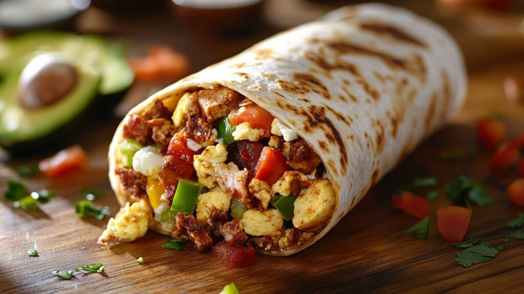 A freshly prepared breakfast burrito on a rustic table (2) Is it OK to eat a burrito in the morning?