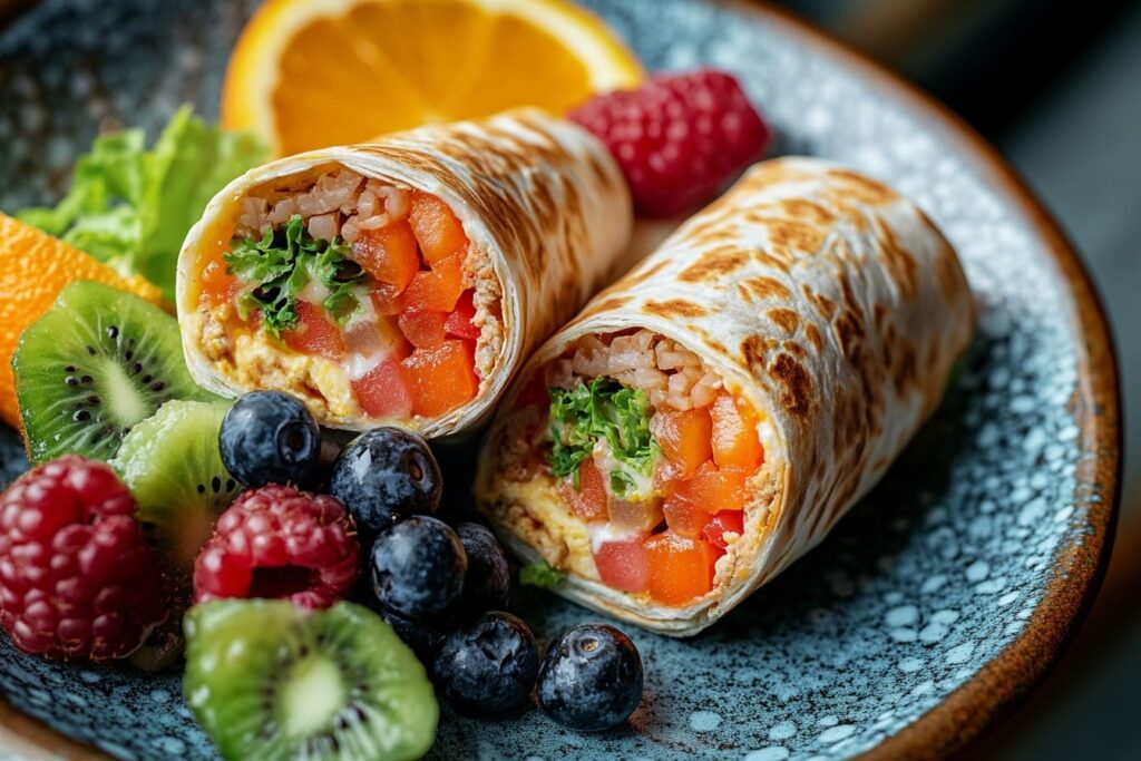 A healthy breakfast burrito (1) Freshly wrapped healthy breakfast burrito filled with vibrant ingredients.