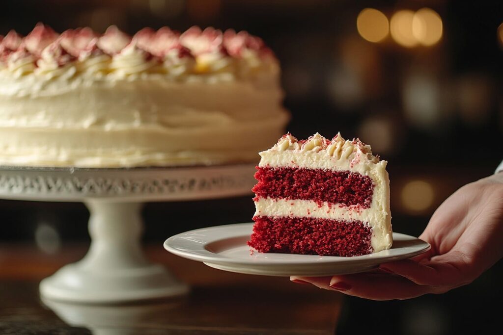 A slice of red velvet cake being served.