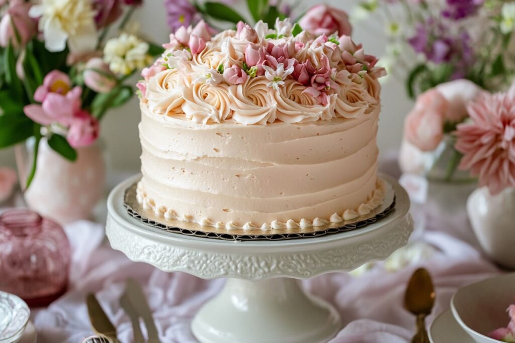 Frosted pink velvet cake on a cake stand.