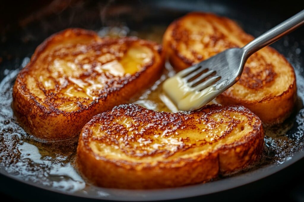 French toast slices being cooked in a skillet with sizzling butter."