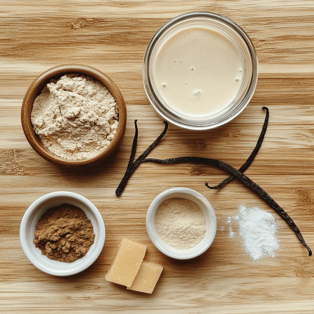 Ingredients for making protein pudding on a wooden counter.