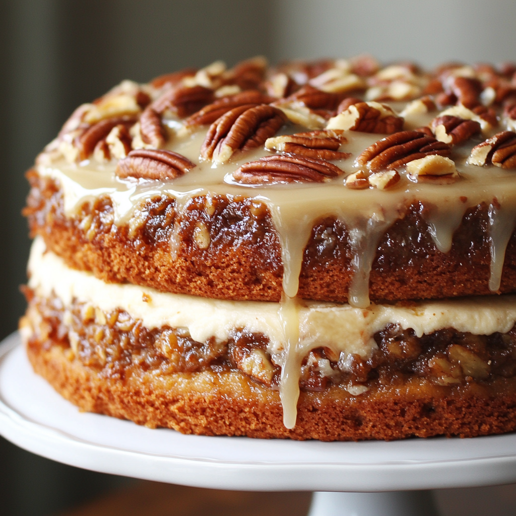 Golden-brown pecan pie cake with glossy pecan topping.