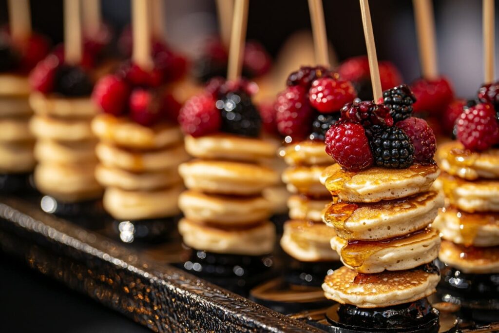 Mini pancake stacks on skewers with berries and syrup. What size is a mini pancake?