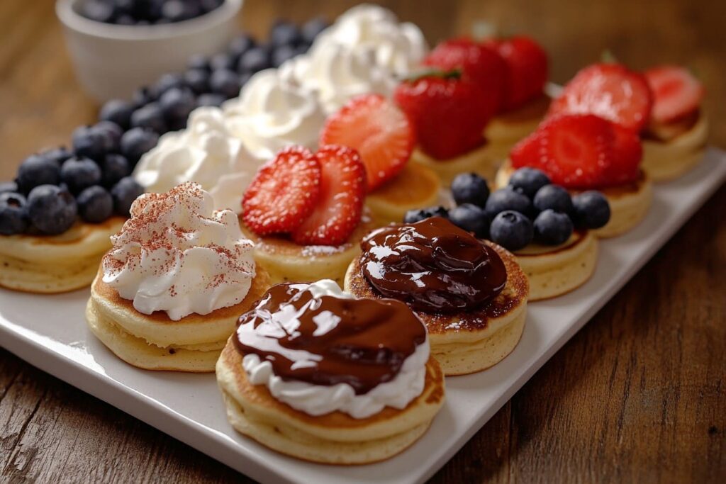 Mini pancakes with a variety of sweet toppings.