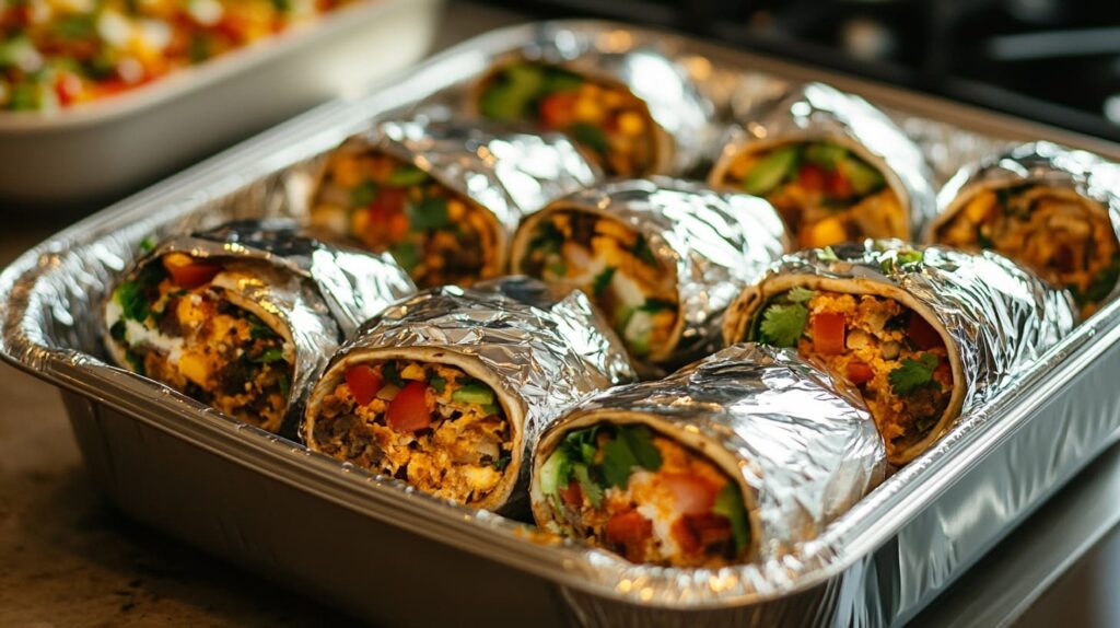 Multiple meal prepped breakfast burritos wrapped (1) (1) Meal-prepped healthy breakfast burritos wrapped and ready for storage.