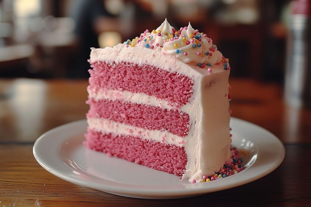 A slice of pink velvet cake with layers of cream cheese frosting.