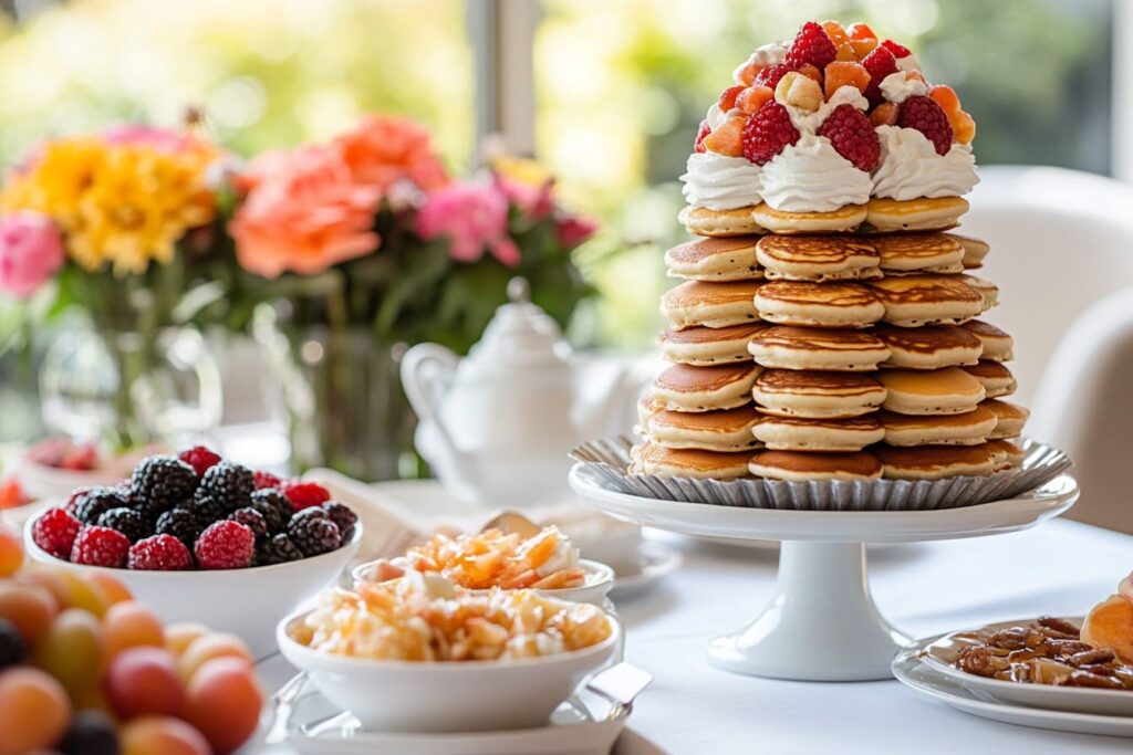 Warm mini pancakes served at a party with various toppings.