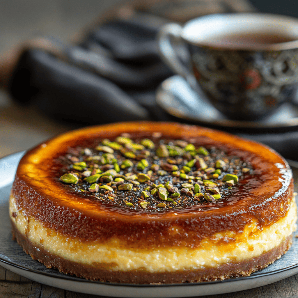 San Sebastian Cheesecake with crushed pistachios and a Turkish tea set.