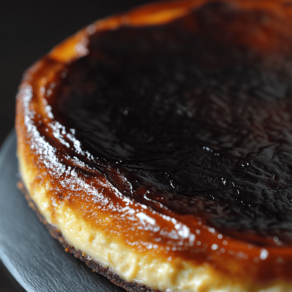 Close-up of the burnt caramelized top of a San Sebastian Cheesecake.