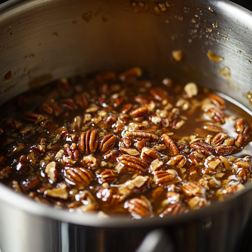 Gooey pecan pie cake filling cooking in a saucepan