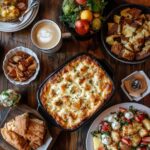 A breakfast table with a golden casserole as the centerpiece, surrounded by fresh fruit salad, hash browns, mini muffins, and coffee.