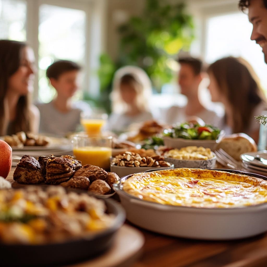 What's the difference between a frittata and a breakfast casserole (1) A family enjoying breakfast with a frittata and a breakfast casserole on the table.