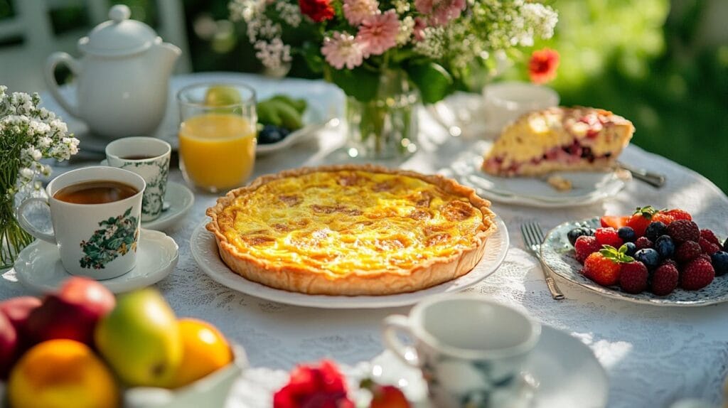 Which is healthier quiche or frittata (1) A classic quiche with a golden crust, spinach, mushrooms, and melted cheese on a wooden table.