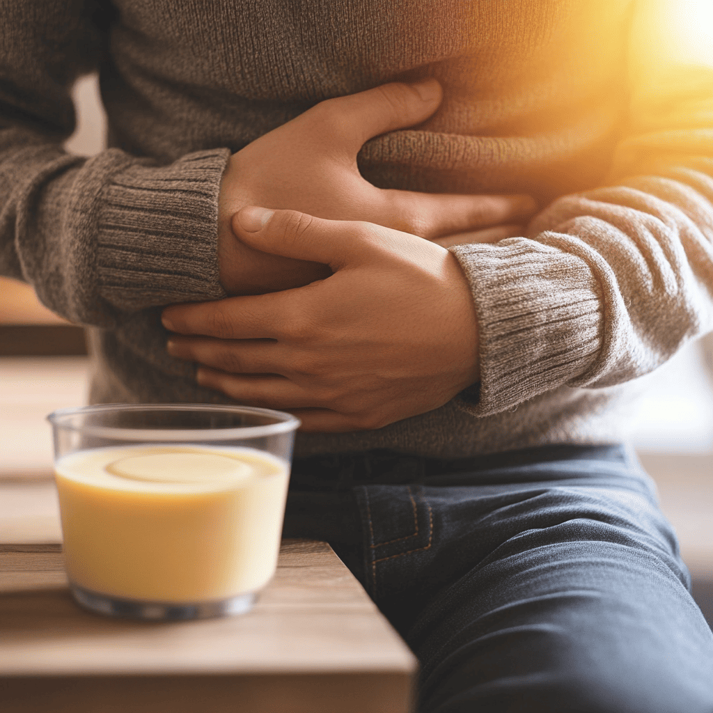 Person holding their stomach in discomfort near a protein pudding container