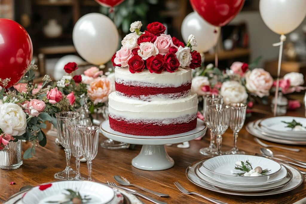 Red velvet cake displayed at a party table.