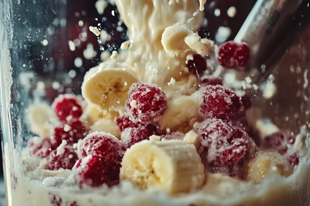 Blender mixing frozen fruits for a smoothie bowl. how to make a thick smoothie bowl