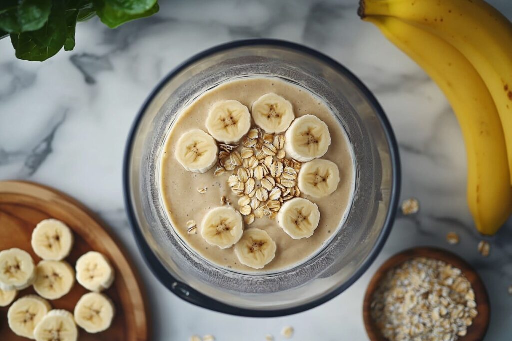  Blender with raw oats, bananas, and milk blending a smoothie.