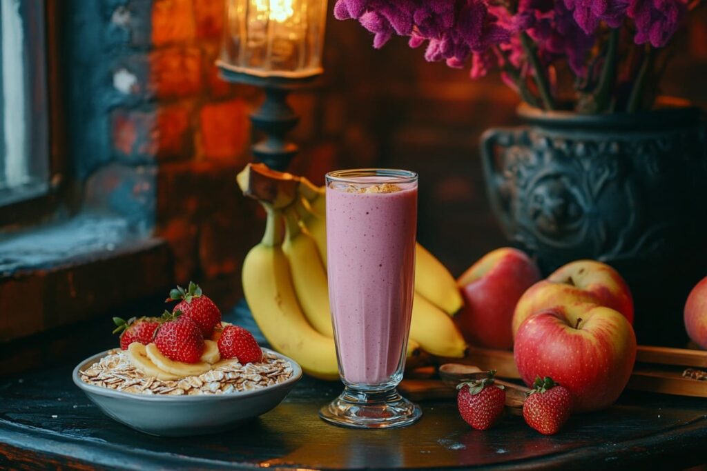 Breakfast setup with oat smoothie, raw oats, bananas, and strawberries.