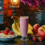 Breakfast setup with oat smoothie, raw oats, bananas, and strawberries.