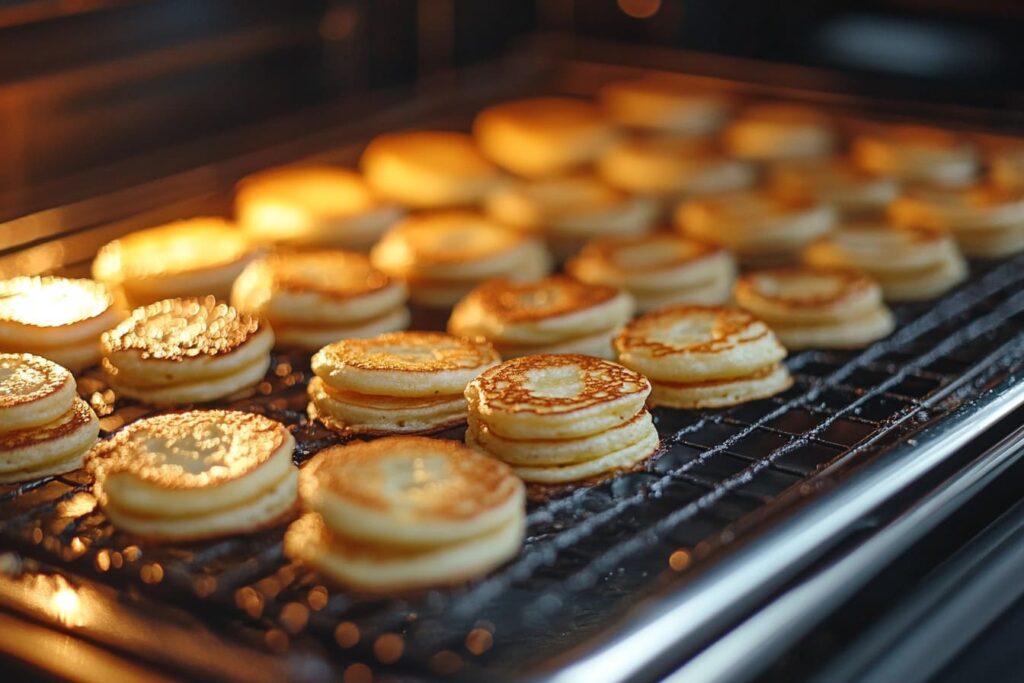 Mini pancakes being kept warm in an oven on a baking sheet.