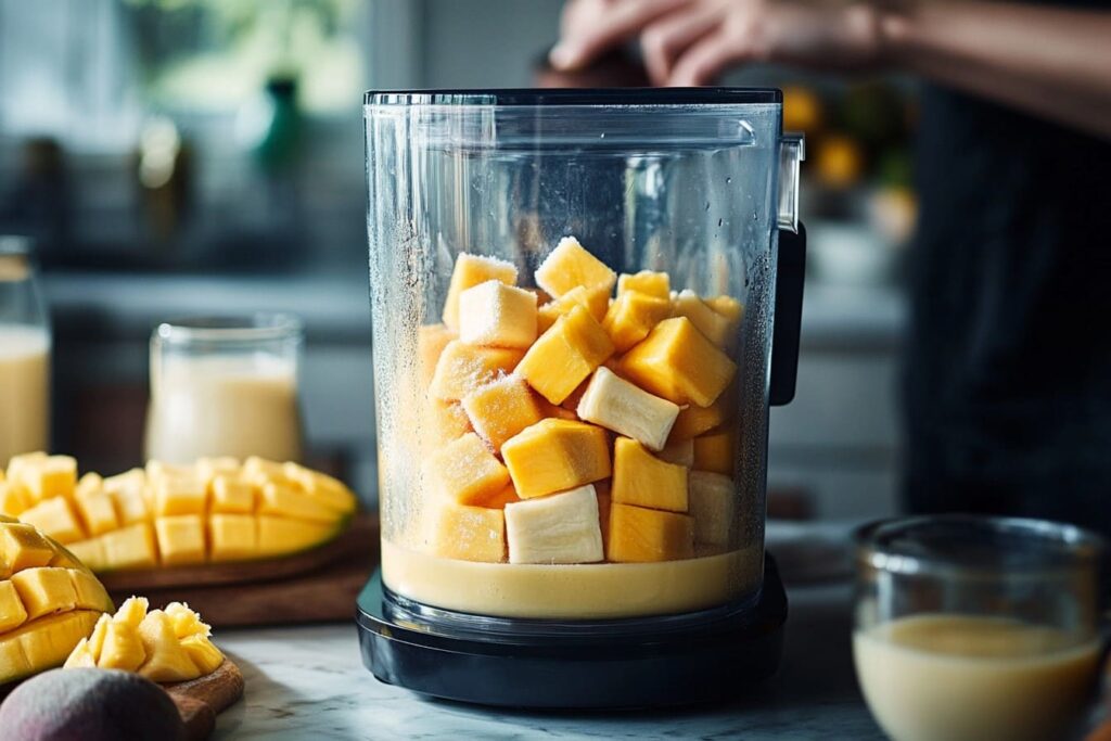 Blending smoothie bowl ingredients like banana and mango in a blender.