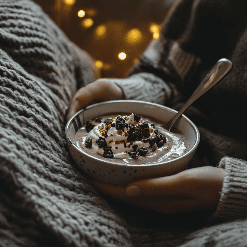 Person enjoying protein pudding in a relaxed home setting.

