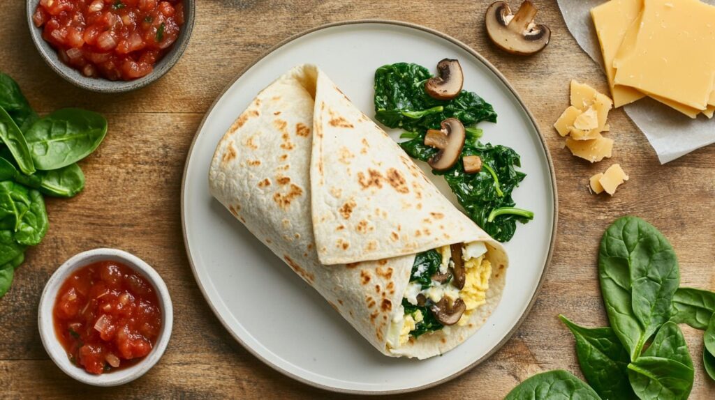 breakfast burrito steps (1) Assembling a homemade breakfast burrito with fresh ingredients on a tortilla.