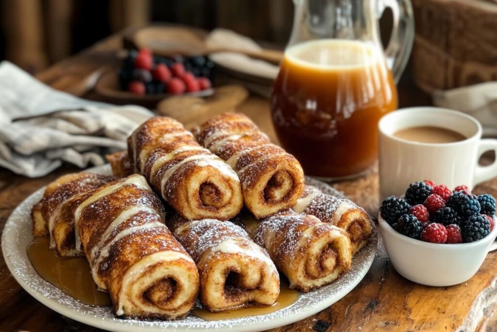 Breakfast spread with cinnamon roll French toast, syrup, and berries.