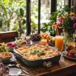 A brunch table with gluten-free breakfast casserole as the centerpiece, surrounded by drinks, fruits, and side dishes.