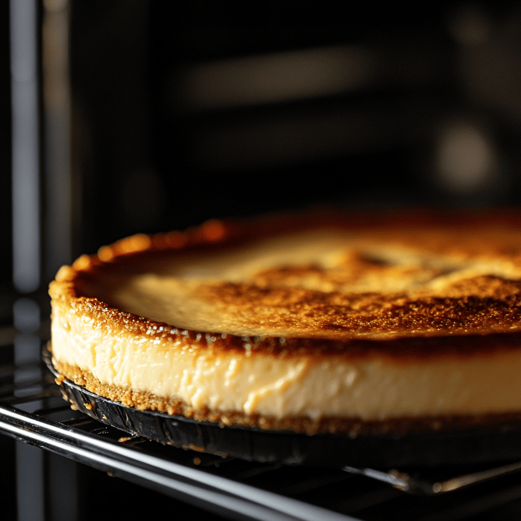 Cheesecake baking in an oven with a golden-brown top forming