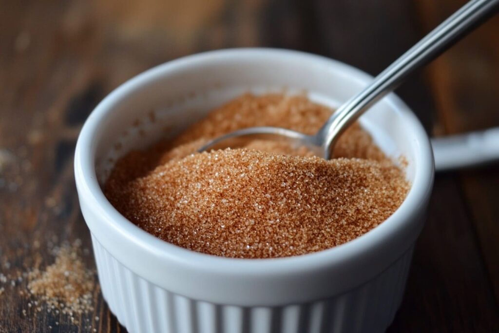 Cinnamon and sugar being mixed in a white bowl How do you keep cinnamon from clumping in French toast?