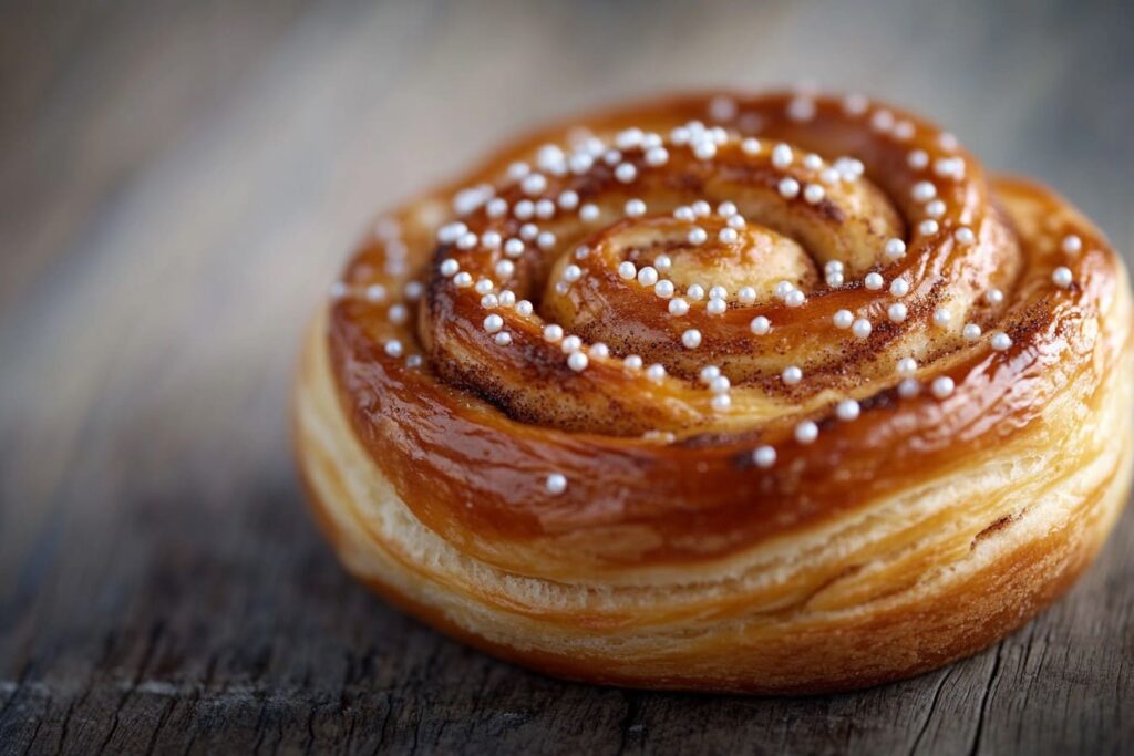 Scandinavian cinnamon bun topped with pearl sugar.