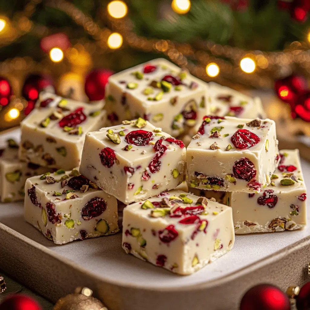 White chocolate fudge squares with dried cranberries and green pistachios on a festive platter.