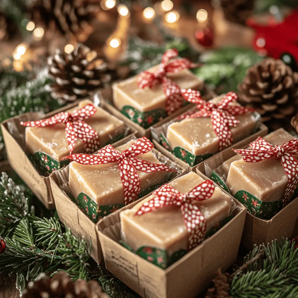 Gift boxes filled with fudge squares, decorated with ribbons and holiday tags.