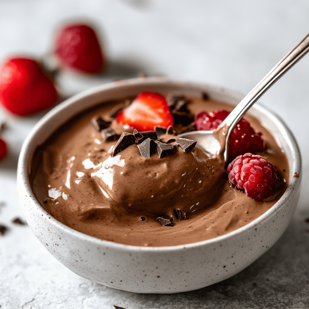 Spoonful of creamy chocolate protein pudding.  