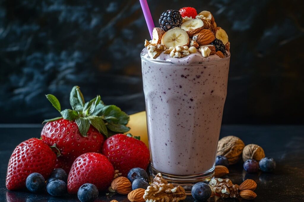 Creamy nut smoothie in a glass with almonds, cashews, and walnuts.