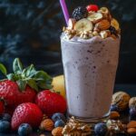 Creamy nut smoothie in a glass with almonds, cashews, and walnuts.