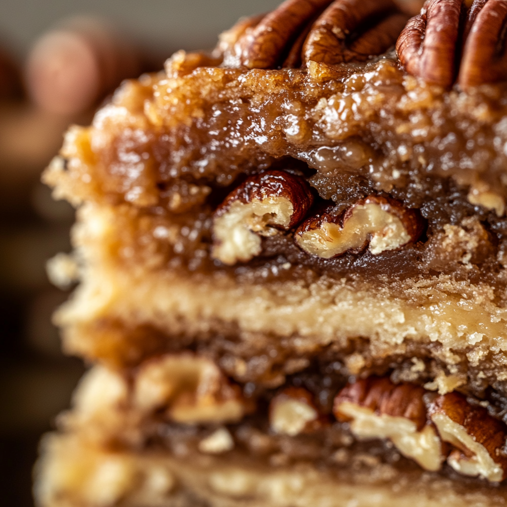 Close-up of the layers in pecan pie cake.