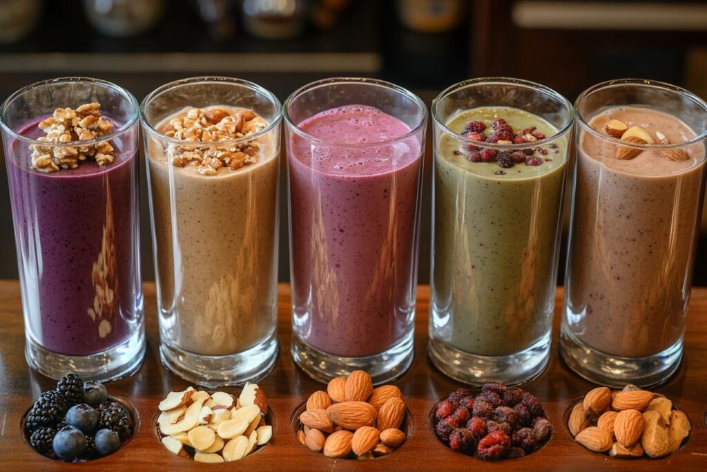 Five nut-based smoothies in glasses with ingredients like almonds, walnuts, and berries.