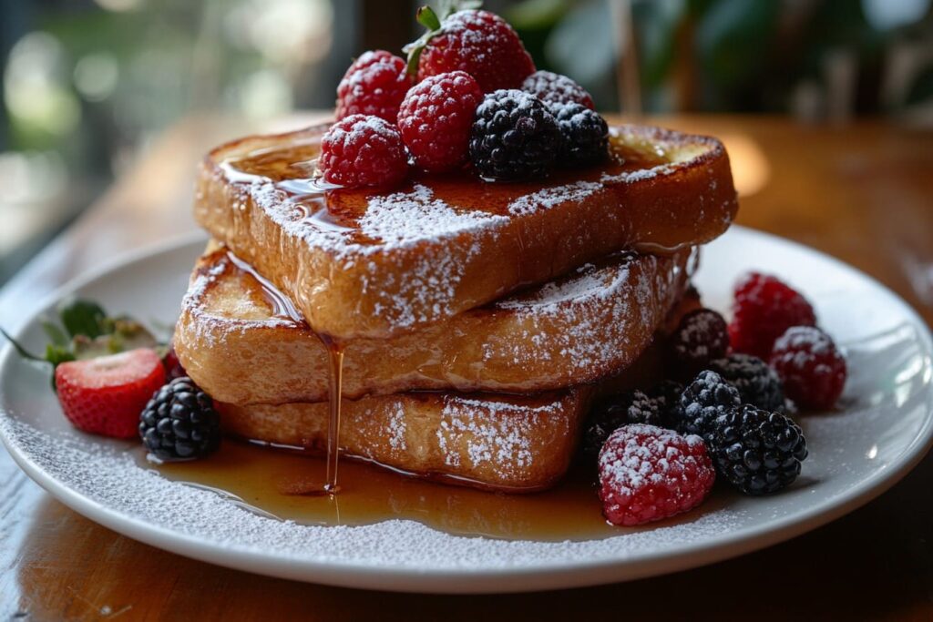 Perfectly cooked French toast served with syrup and berries on a plate