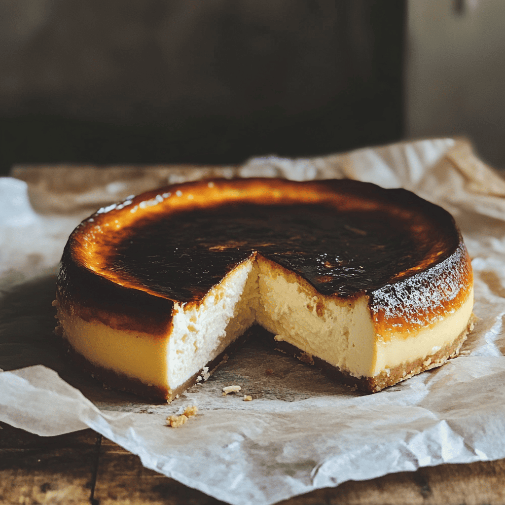 A classic San Sebastian Cheesecake with a burnt caramelized top and creamy center.