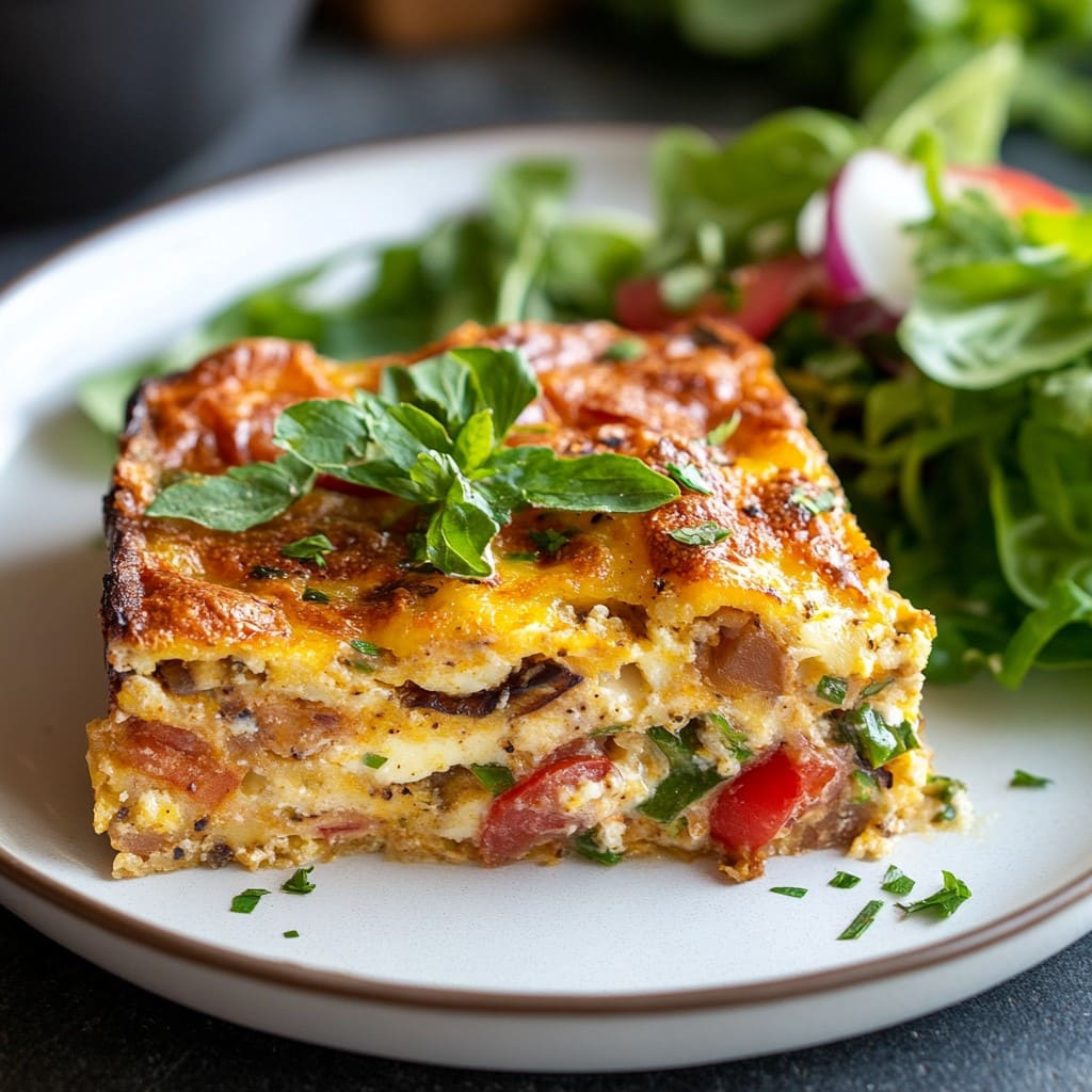 A slice of gluten-free breakfast casserole garnished with herbs on a plate with a small side salad.