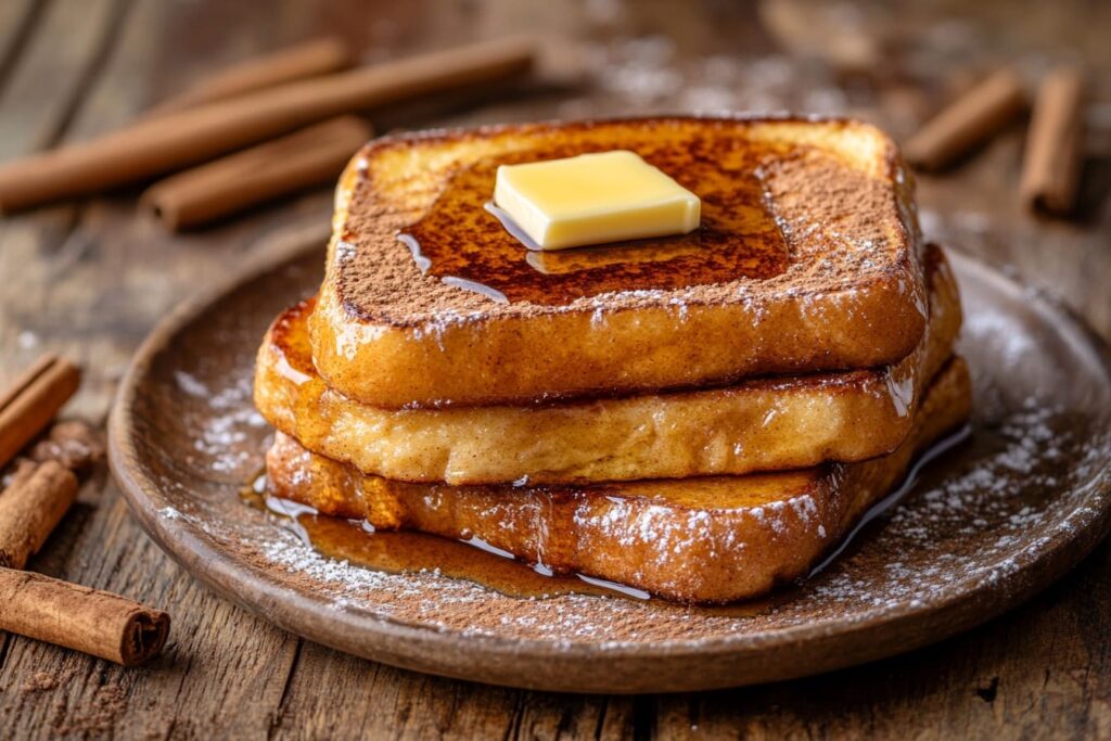 Plated French toast with maple syrup and cinnamon.