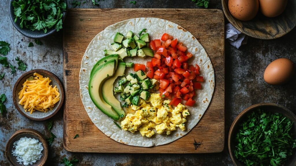 healthy breakfast burrito ingredients (1) A person assembling a healthy breakfast burrito with fresh ingredients.