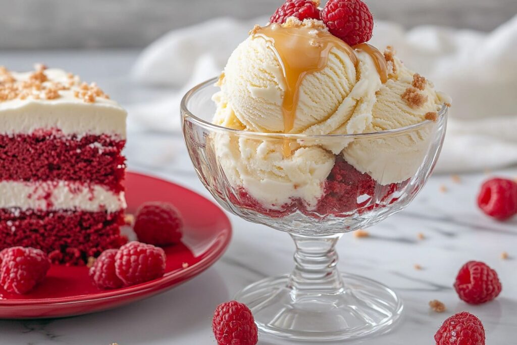 Homemade cream cheese ice cream with red velvet cake and raspberries