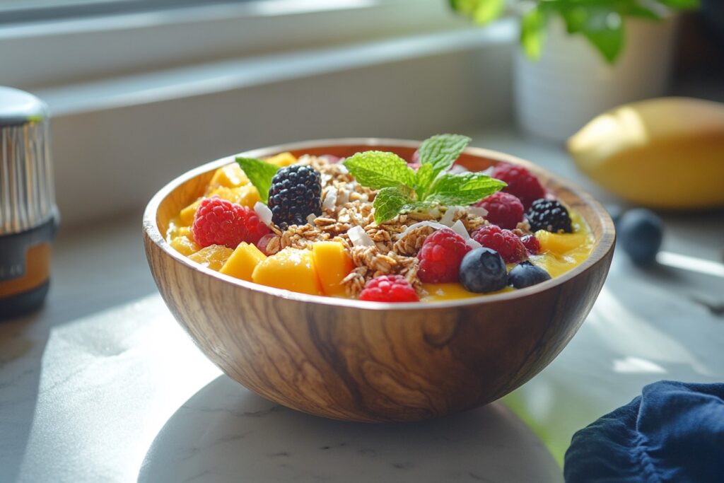 Mango smoothie bowl with berries, granola, and coconut flakes.